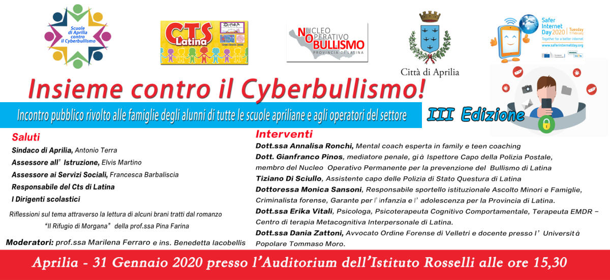 "Insieme contro il Cyberbullismo!": il 31 gennaio la terza edizione del convegno organizzato dalla rete di scuola di Aprilia. - 