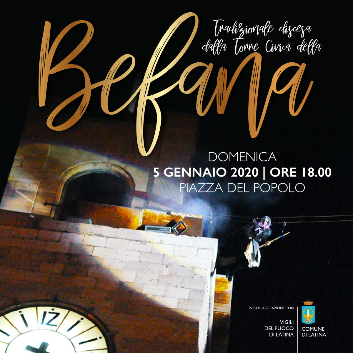Questa domenica 5 gennaio a Latina la tradizionale discesa della Befana dalla Torre Civica. - 