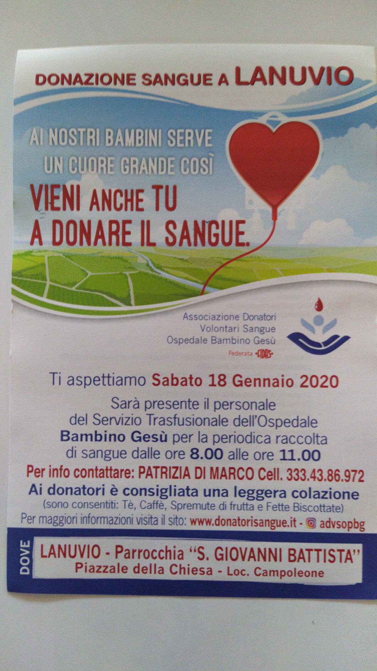 Giornata di raccolta sangue sabato 18 Gennaio a Campoleone, a favore dell’Ospedale Bambin Gesù di Roma. - 