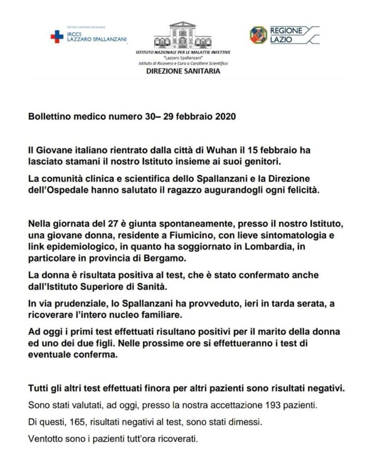 Coronavirus, positivi anche il marito e la figlia della donna contagiata nel Lazio. - 