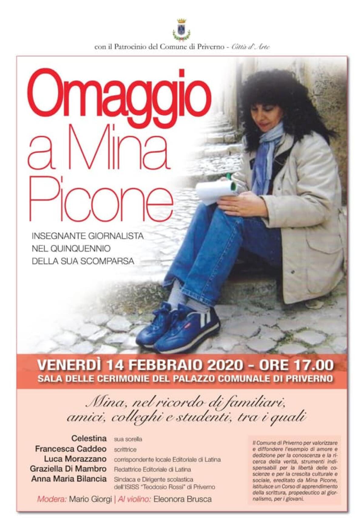 Oggi pomeriggio a Priverno una cerimonia per ricordare  la giornalista Mina Picone. - 