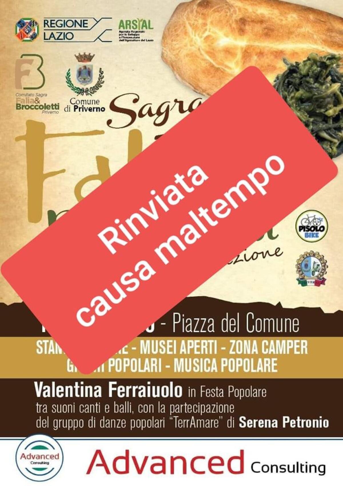 Rinviata al 15 marzo, causa maltempo, la 16esima edizione della “Sagra falia e broccoletti” di Priverno. - 