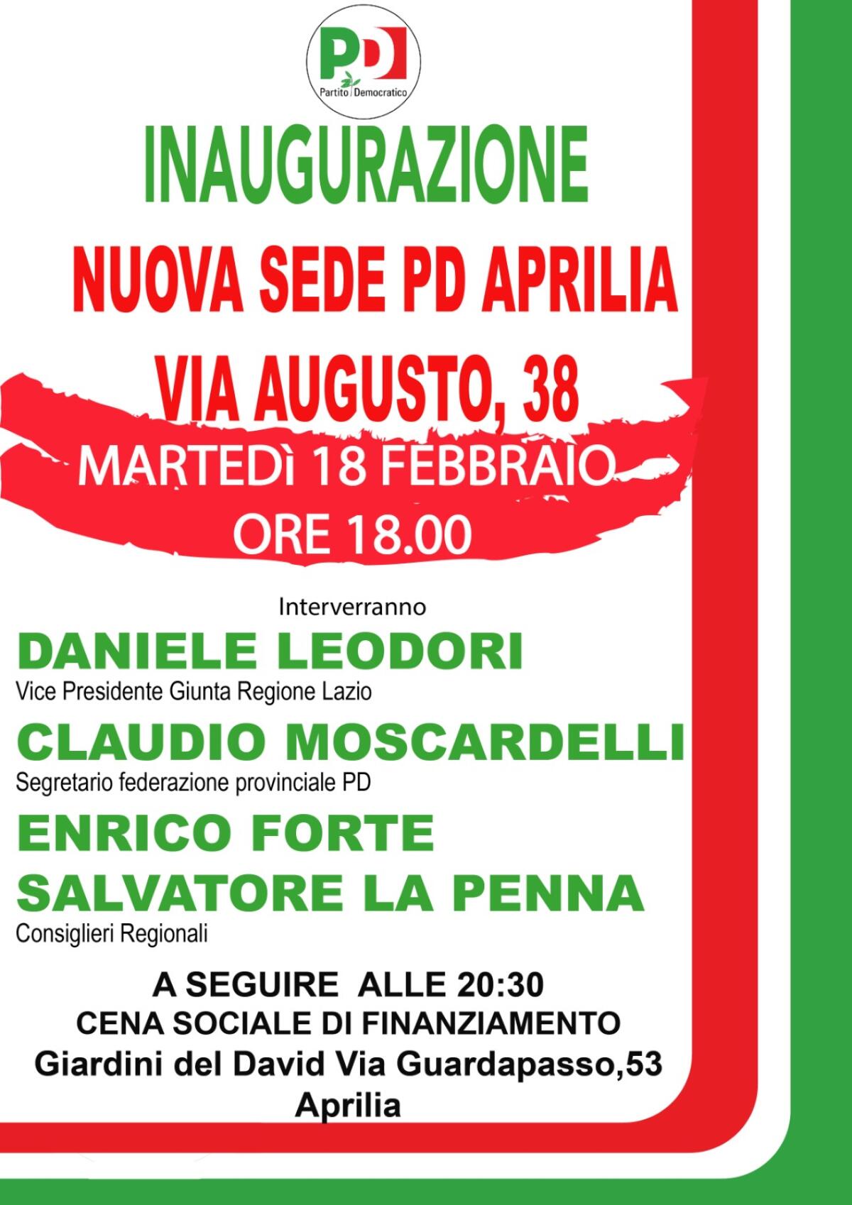 Il prossimo 18 febbraio ad Aprilia l’inaugurazione della nuova sede del Partito Democratico. - 