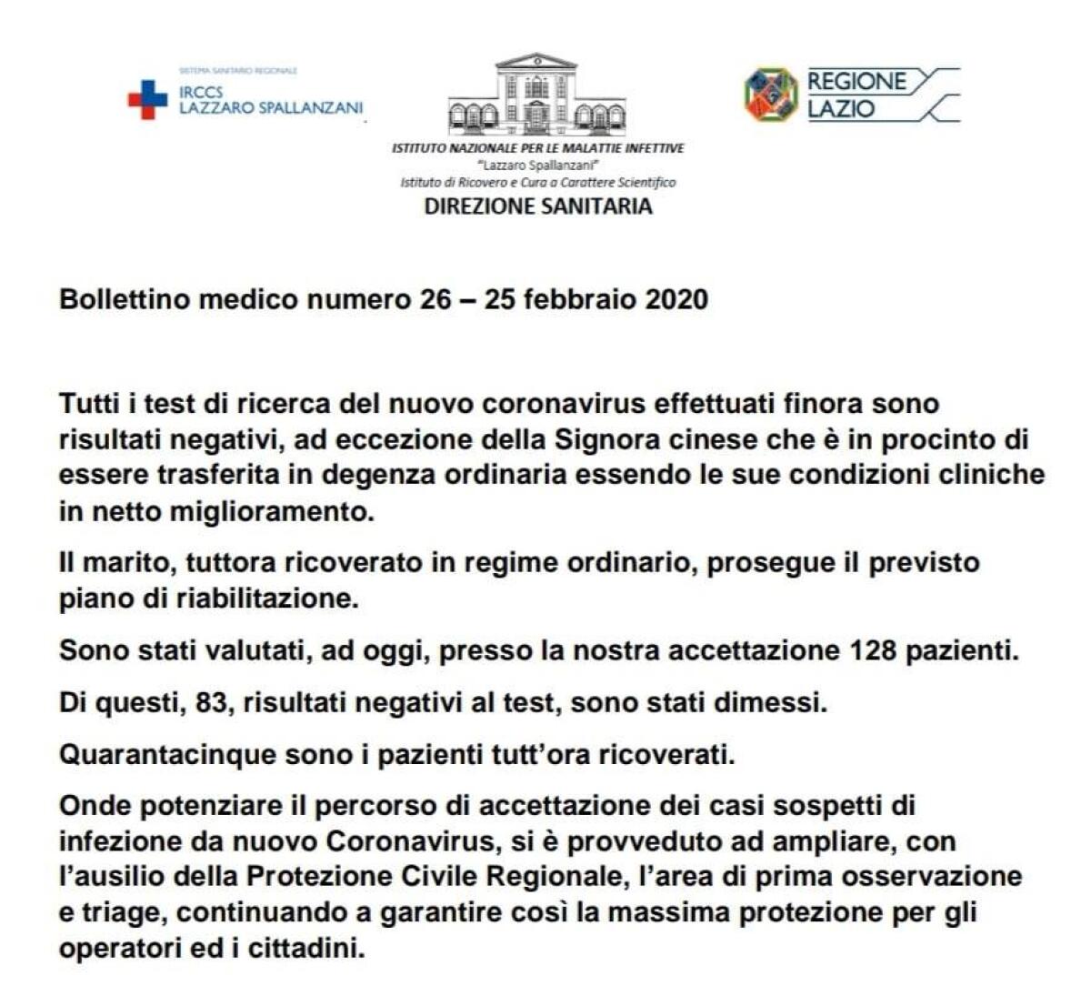 Coronavirus, diramato il nuovo bollettino medico dello Spallanzani: tutti negativi i test effettuati nelle scorse ore. - 