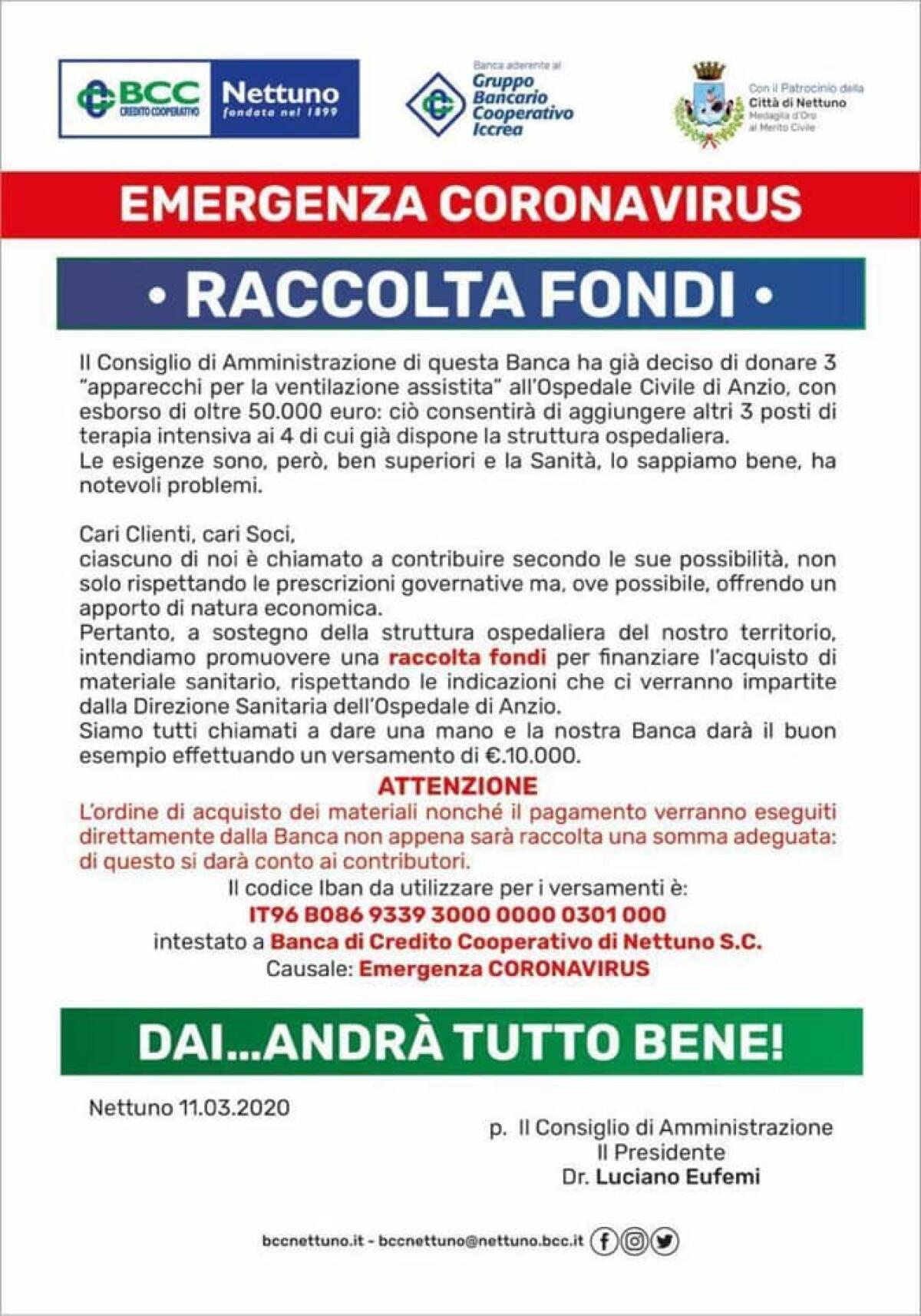 A Nettuno una raccolta fondi per l’emergenza Coronavirus: a lanciarla la BBC, con il patrocinio del Comune. - 