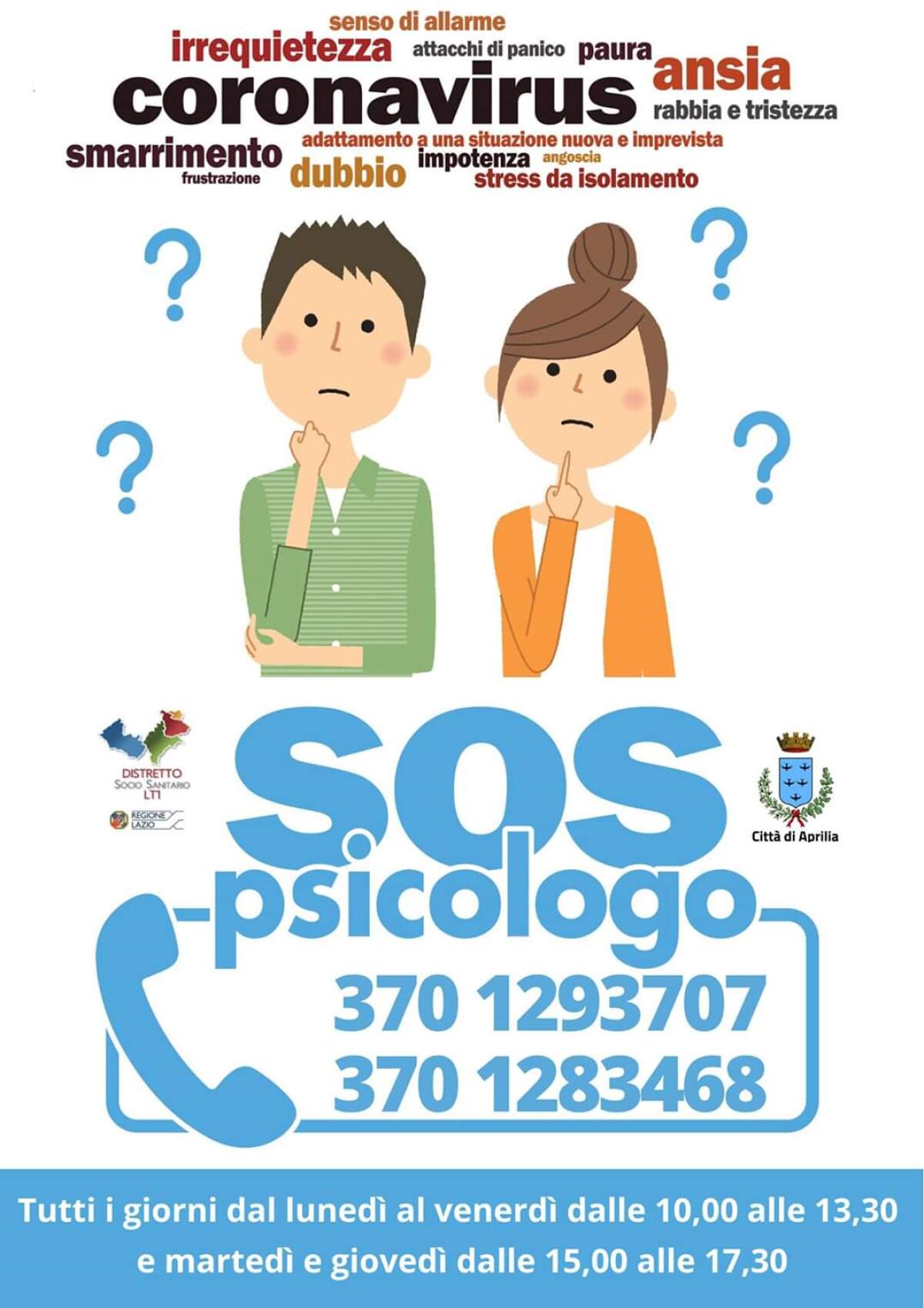 APRILIA - “SOSPsicologo”: il Distretto socio-sanitario LT/1 mette a disposizione un sostegno telefonico per questa emergenza. - 