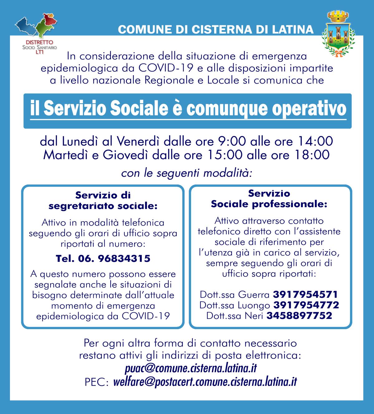 Coronavirus, a Cisterna si attivano i Servizi Sociali - 