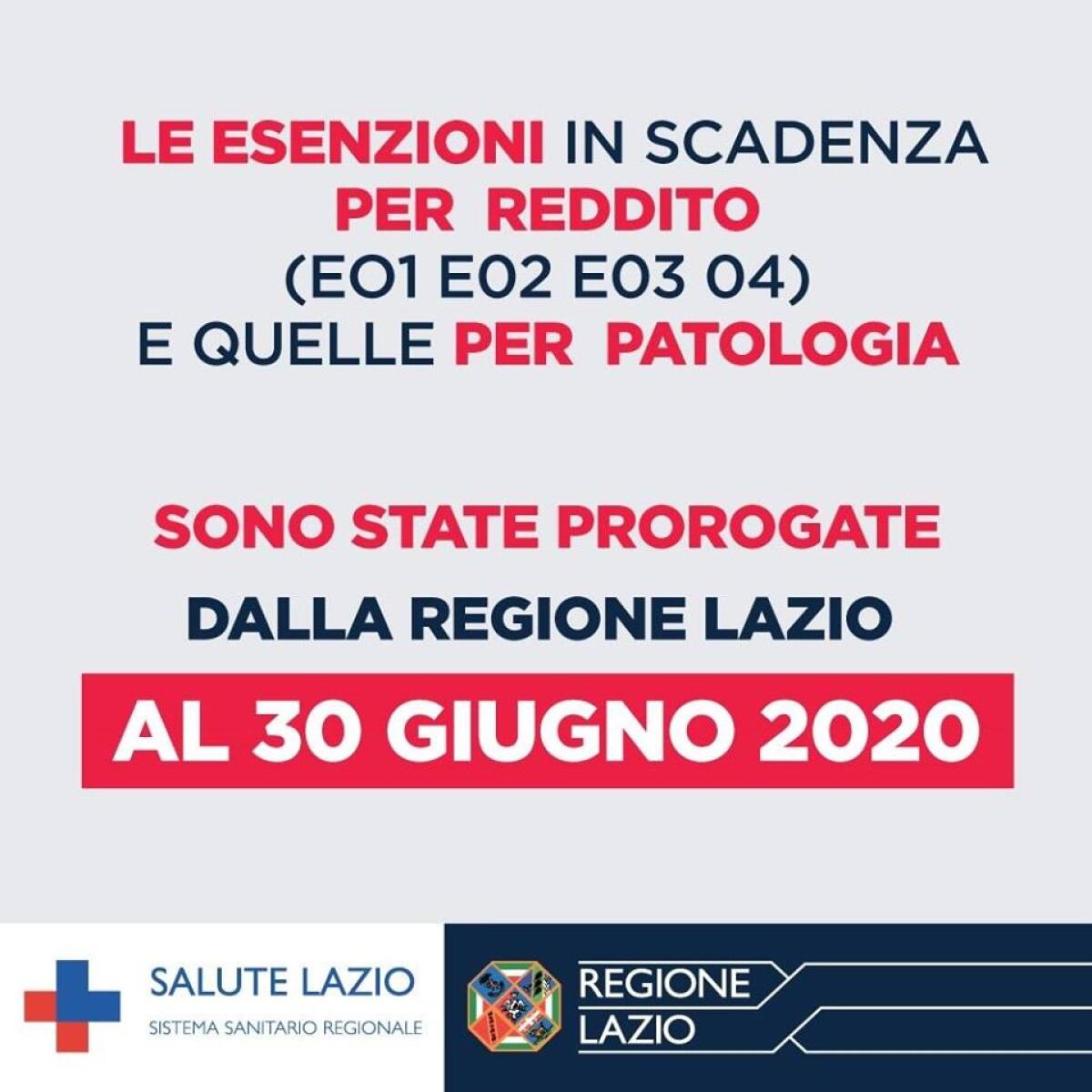 La Regione Lazio proroga al 30 giugno 2020 la scadenza per il rinnovo dei certificati annuali di esenzione ticket. - 