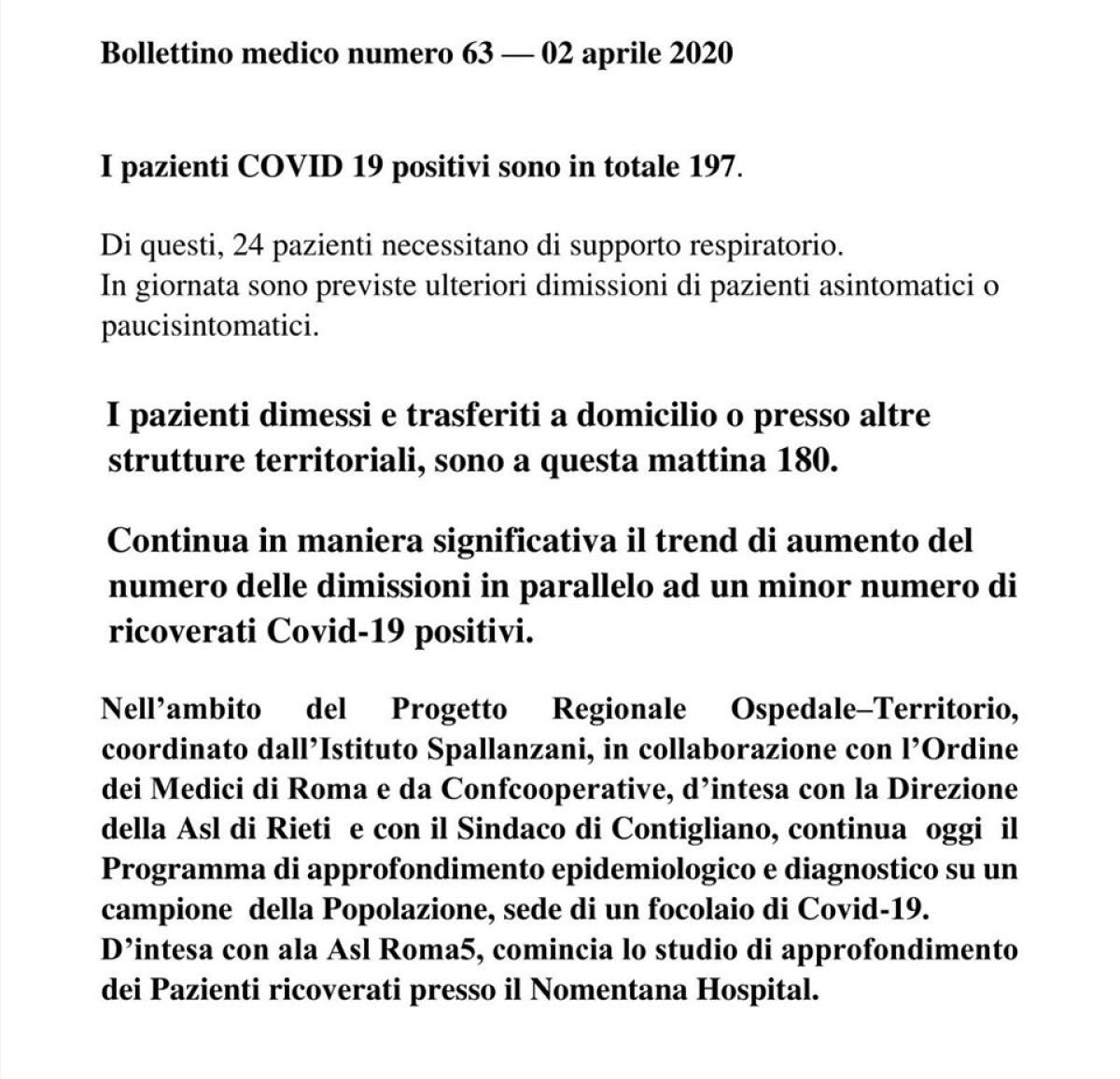 L’odierno bollettino medico dell’Istituto Spallanzani: scendono a 197 i positivi Covid19 ricoverati. - 