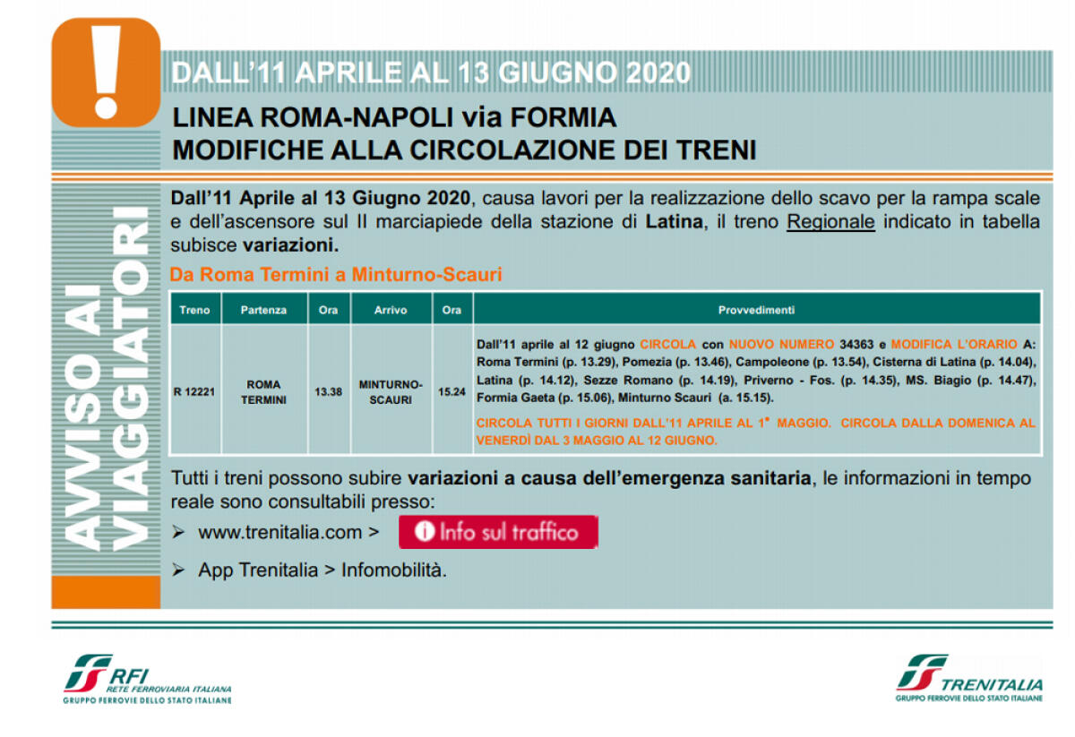 Lavori alla stazione di Latina: modifiche alla circolazione dei treni, sino al 13 giugno, sulla Roma-Napoli. - 