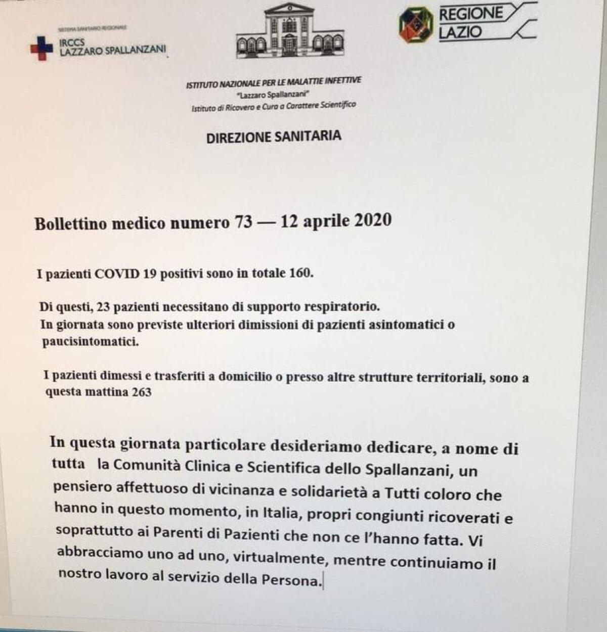 Il bollettino medico dell'Istituto Spallanzani: nel giorno di Pasqua scendono a 160 i ricoverati Covid-19. - 