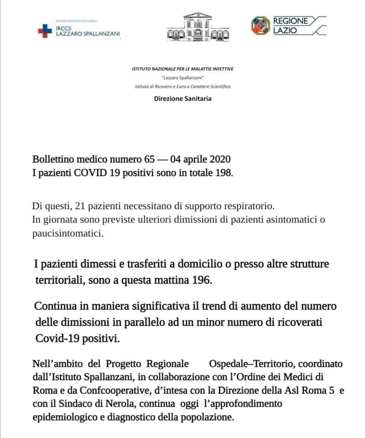 Diramato il bollettino medico di questo sabato dello Spallanzani: “198 i positivi Covid-19 ricoverati, aumentano le dimissioni”. - 