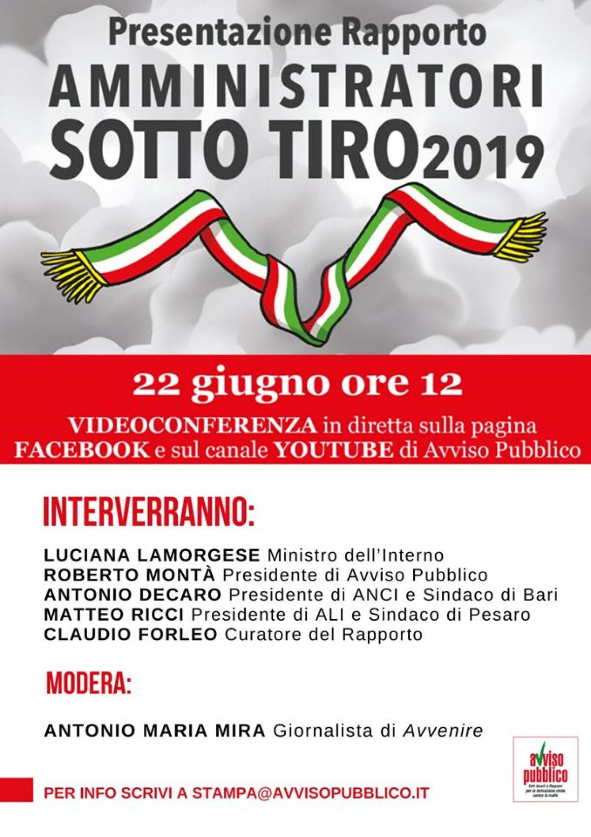 "Amministratori sotto tiro", la presentazione del rapporto oggi in diretta Fb - 