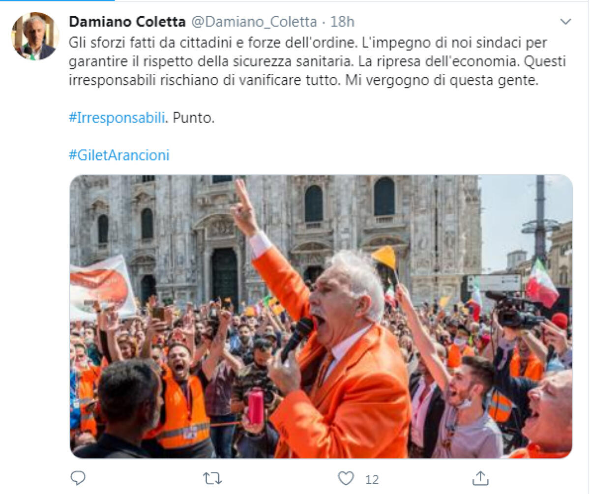 Duro commento su Twitter del sindaco di Latina Coletta contro i gilet arancioni: "Irresponsabili" - 