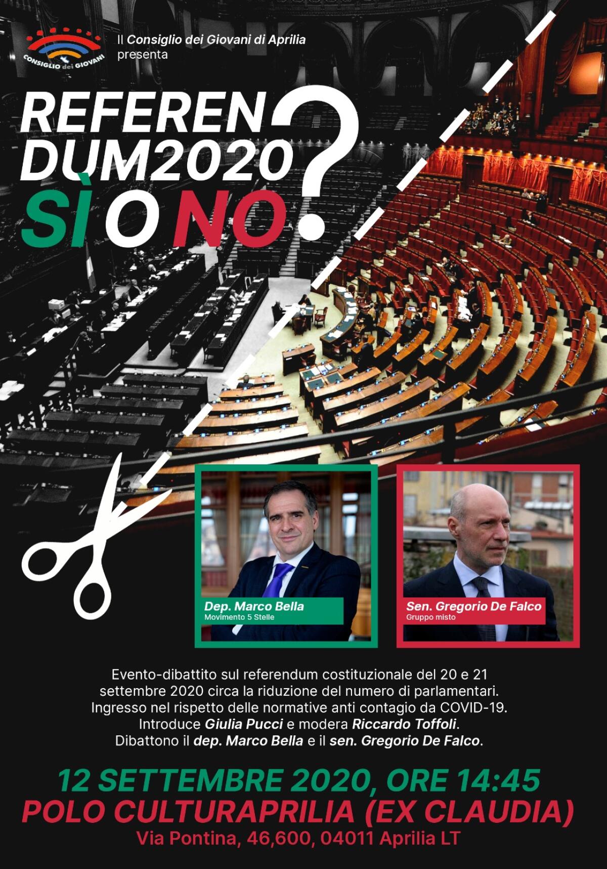 “Referendum 2020: Sì o No”: questo sabato un evento-dibattito organizzato dal Consiglio Comunale dei Giovani di Aprilia. - 