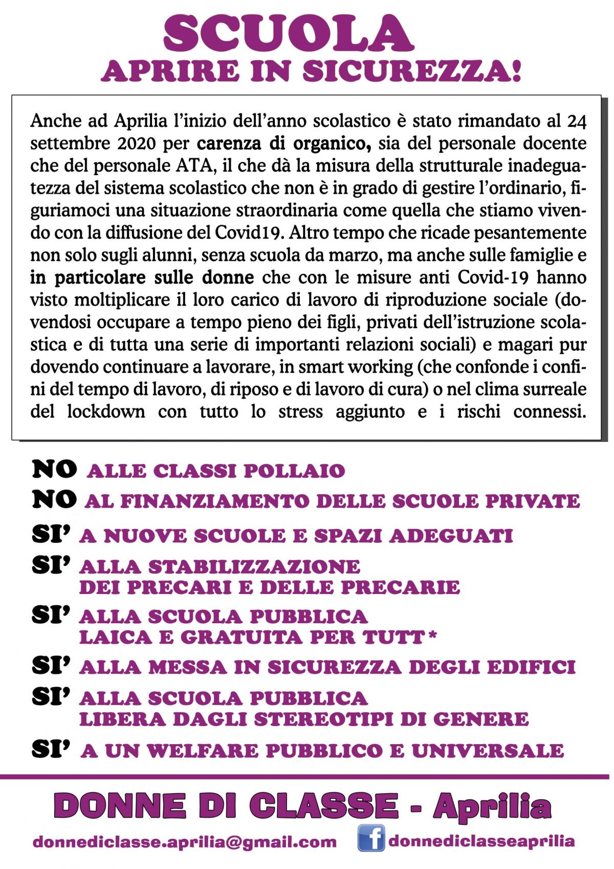 Rinvio dell'anno scolastico anche ad Aprilia, il collettivo Donne di Classe: “Altro tempo che ricade pesantemente sulle famiglie”. - 
