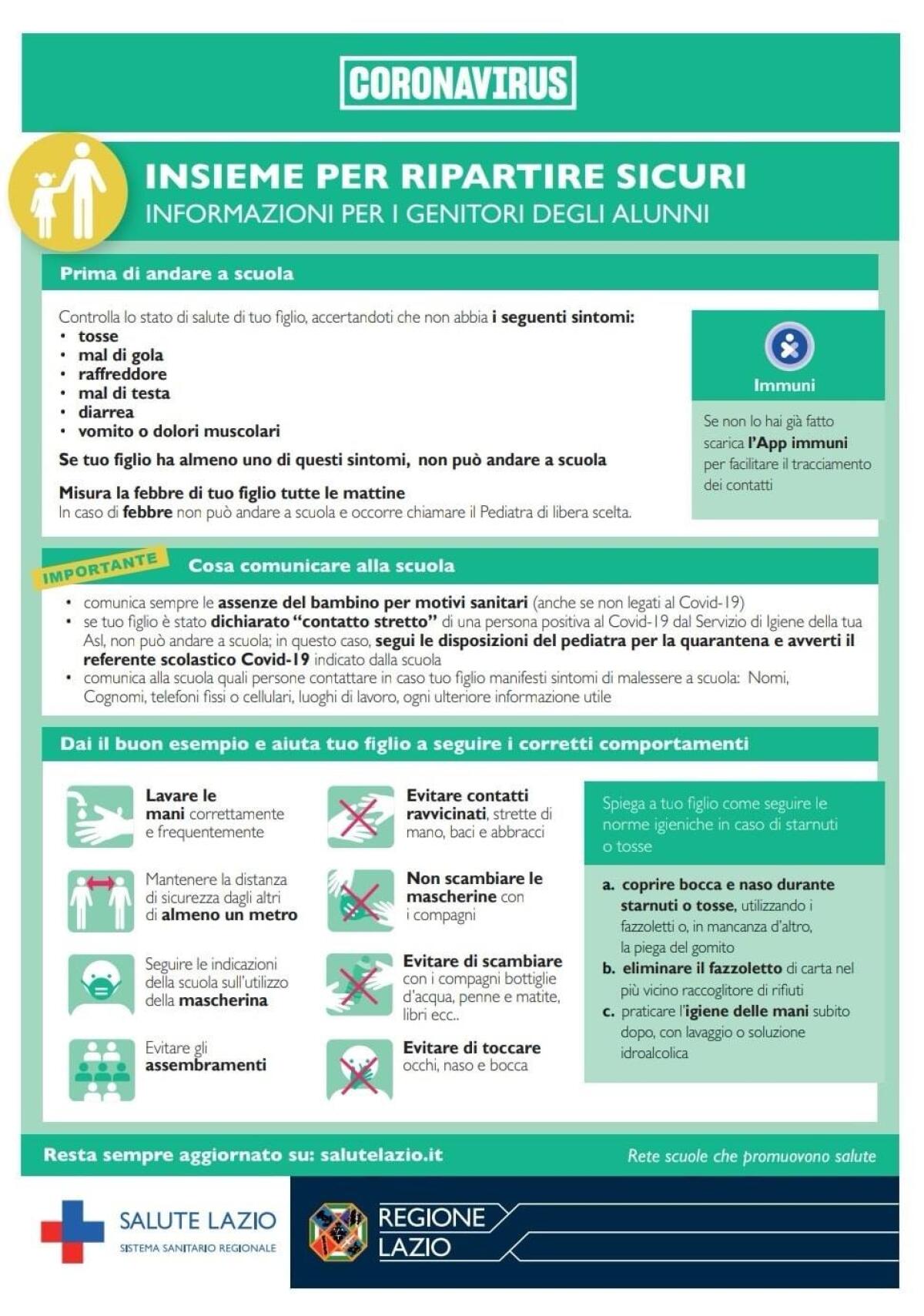 Regione Lazio, “Insieme per Ripartire Sicuri: ecco le informazioni utili per i genitori degli alunni che ritorneranno a scuola. - 
