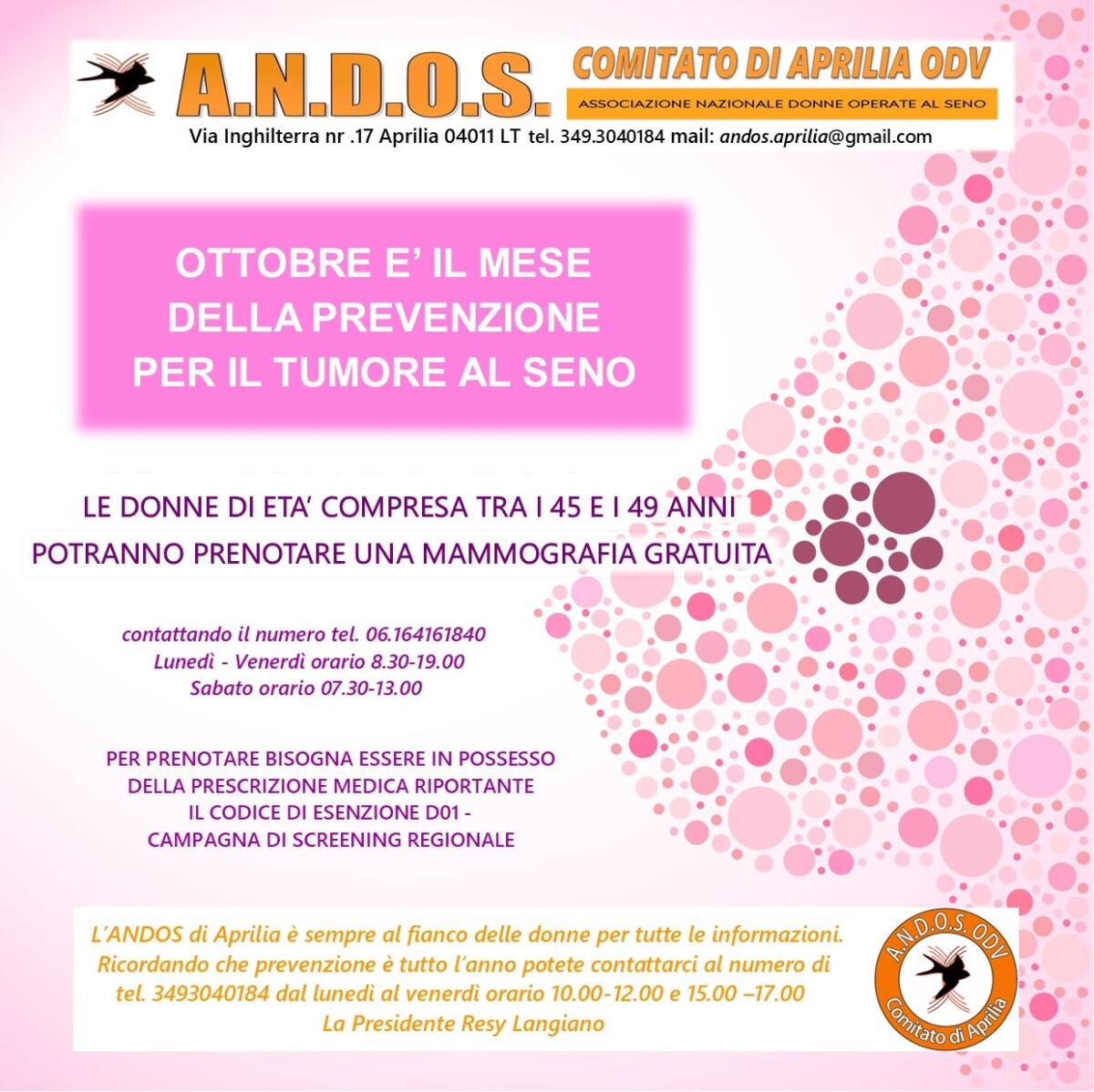 Prosegue ad Aprilia la campagna “Ottobre Rosa” dell’Andos: mammografia gratuita per le donne tra i 45 ed 49 anni. - 