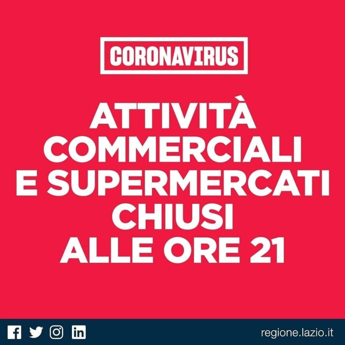 Nuova ordinanza della Regione Lazio per attività commerciali e supermercati: si chiude alle 21.00. - 