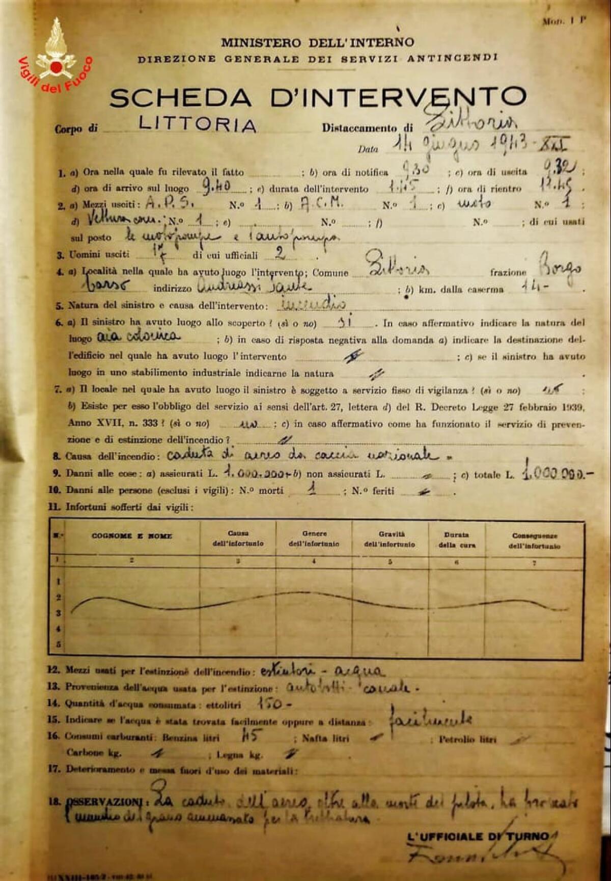 Aereo caduto nel 1943: ritrovati dopo 77 anni, negli archivi dei Vigili del Fuoco di Latina, i documenti dell’incidente. - 