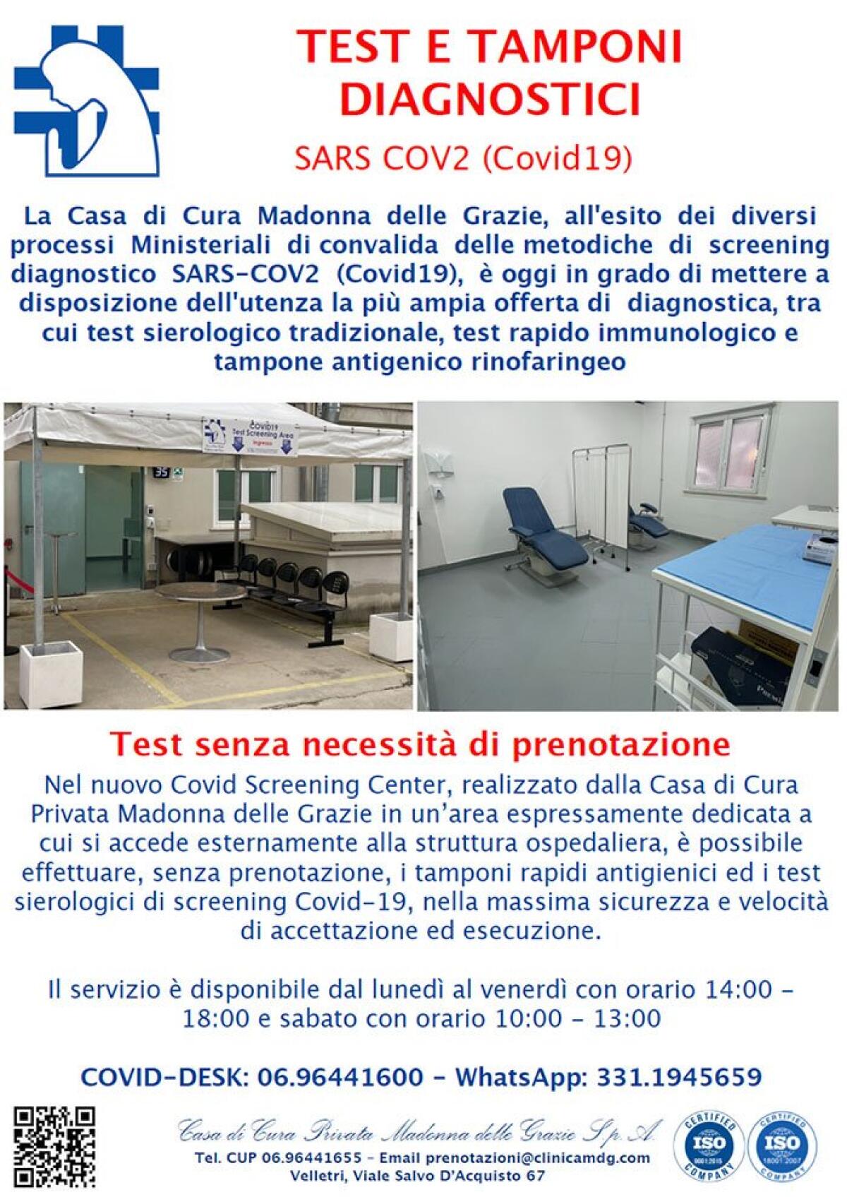 Al Covid Center della Clinica “Madonna delle Grazie” di Velletri tamponi senza prenotazione. - 