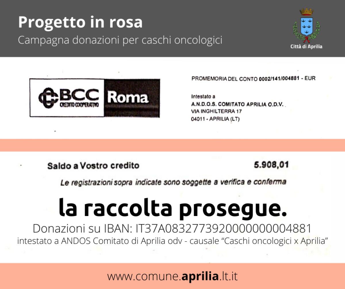 APRILIA - “Progetto in Rosa”, fino a dicembre 2020 raccolti quasi 6.000 euro. Serve ancora lo sforzo di tutti. - 