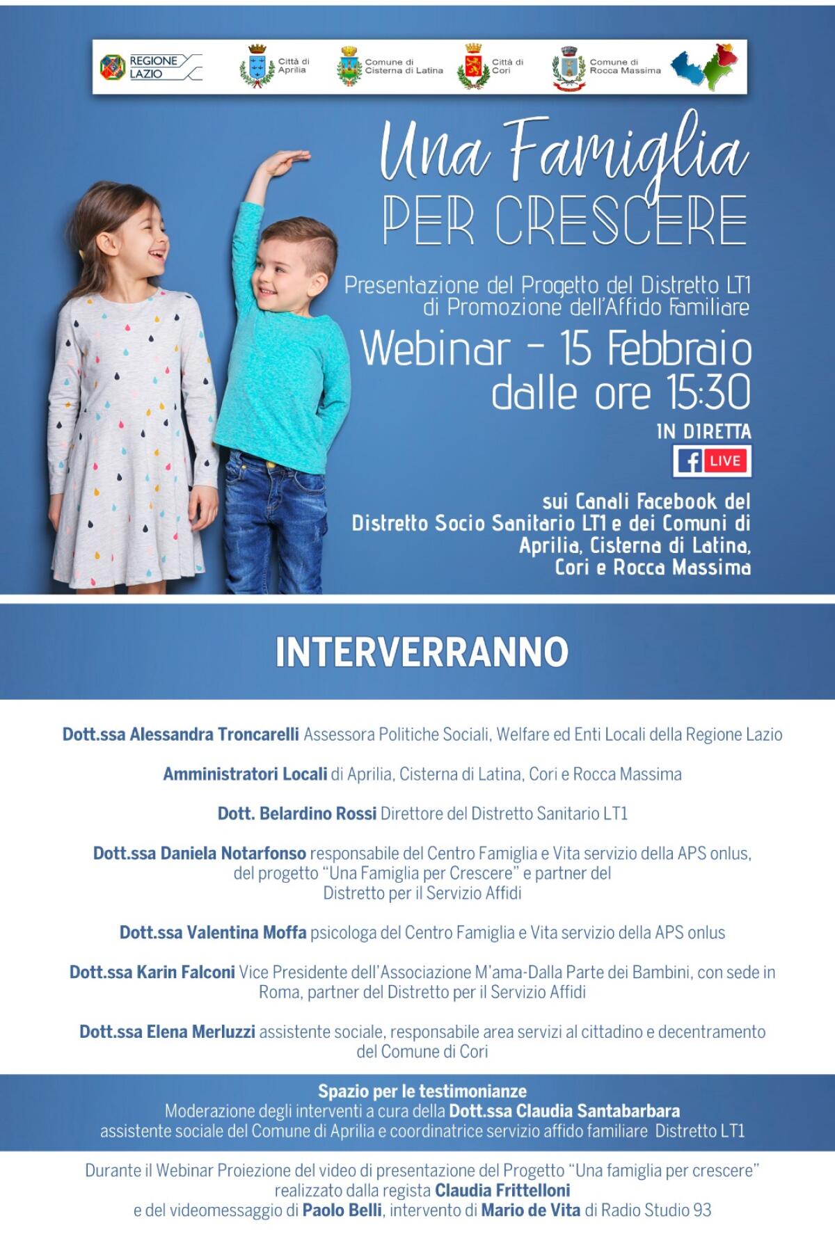 Aprilia - Una famiglia per crescere. Webinar di presentazione del progetto distrettuale per l’affido familiare - 