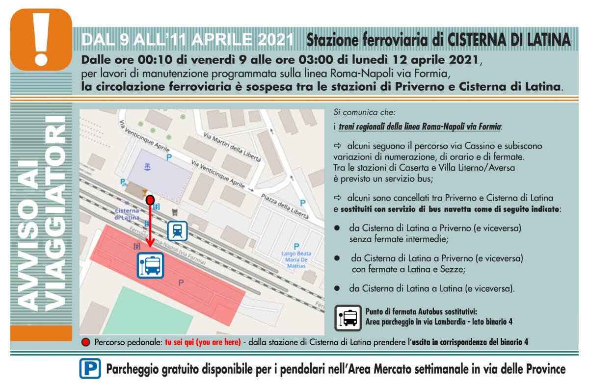 Dal 9 al 12 aprile, per lavori sulla tratta, circolazione ferroviaria sospesa tra Cisterna e Priverno - 
