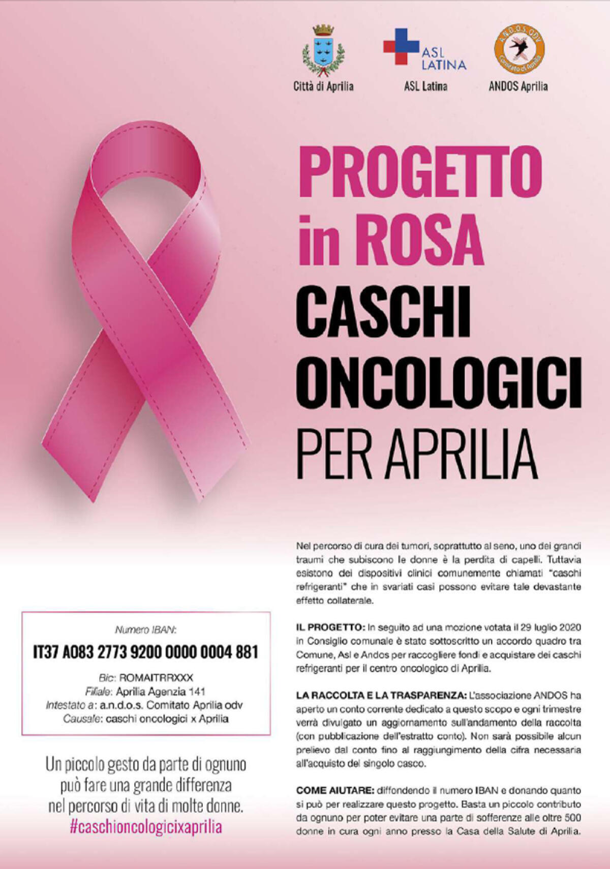 “Progetto in Rosa”: raccolti oltre 18mila euro ad Aprilia per l’acquisto dei caschi oncologici. Obiettivo arrivare a 25mila. - 