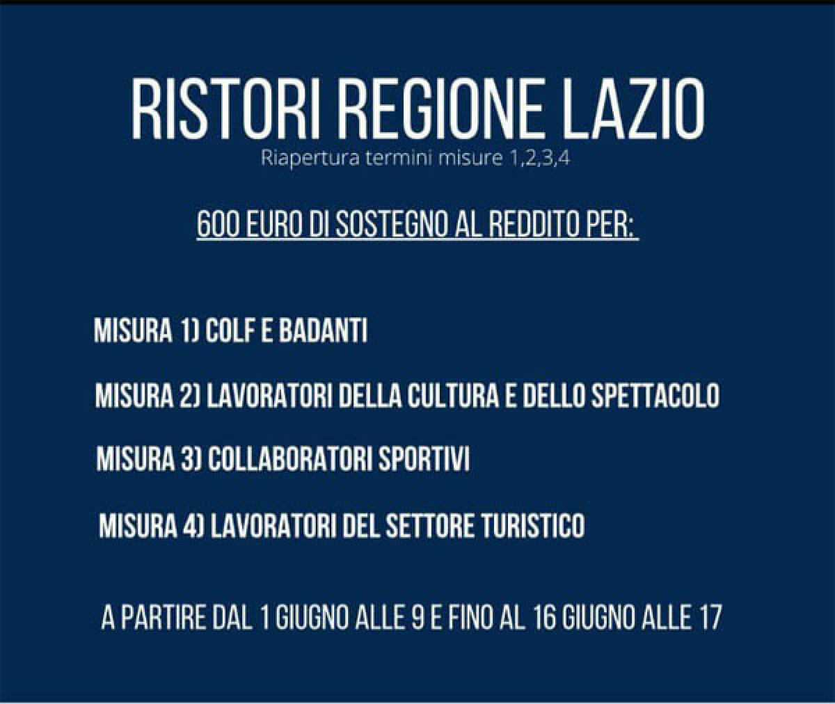 Ristori della Regione Lazio: riaperti i termini dal 1° al 16 Giugno. - 