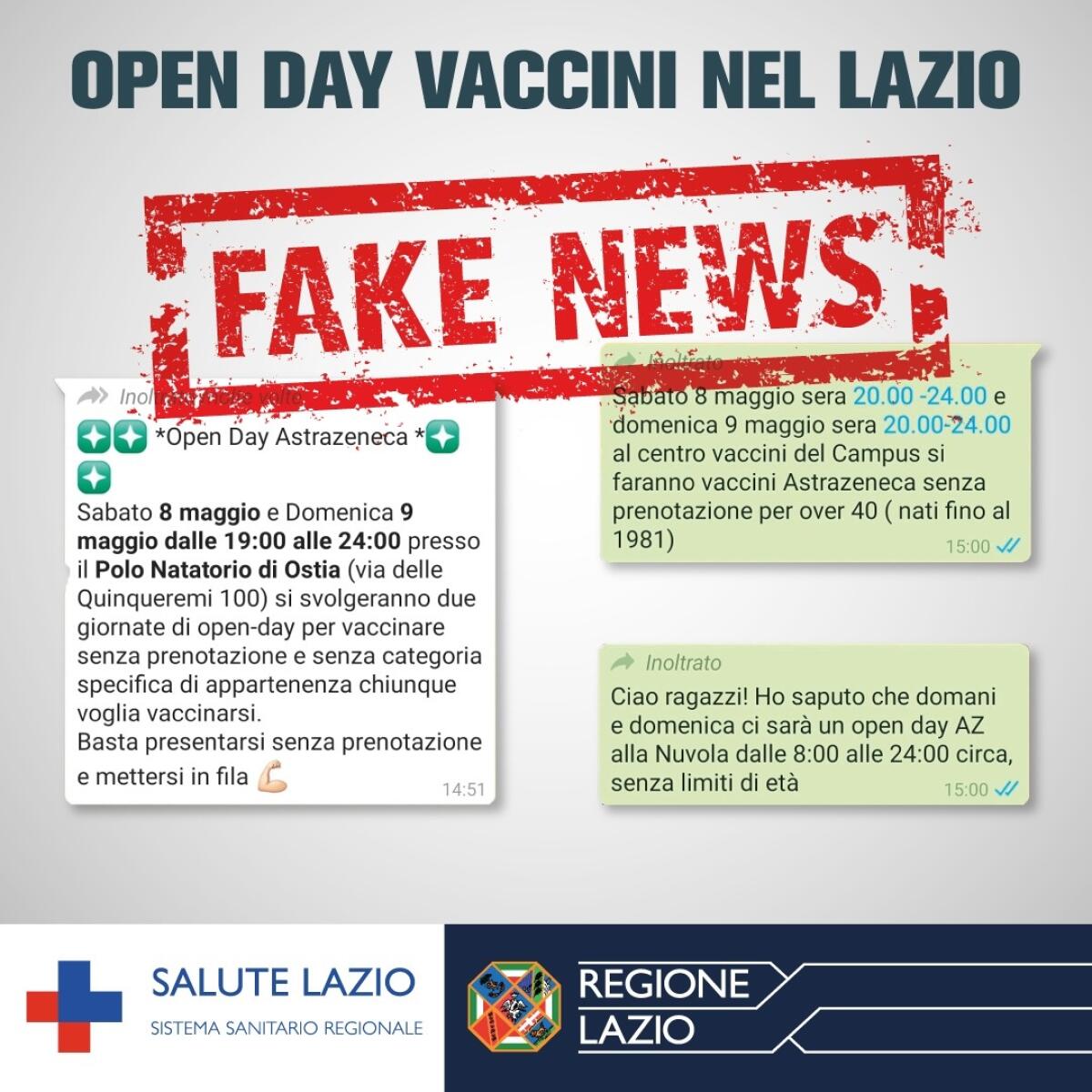 Presunto open day di vaccinazione nella Regione Lazio. E’ una fake news. - 