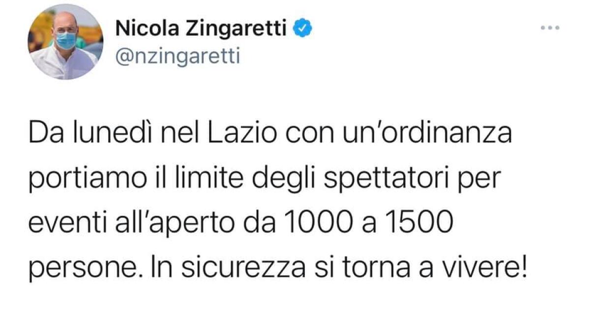 Da questo lunedì il limite degli spettatori per eventi all’aperto nel Lazio sarà portato a 1.500 persone. - 
