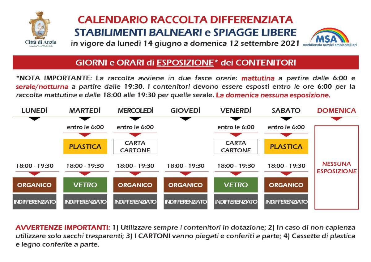 Da questo lunedì 14 giugno al via ad Anzio il servizio della raccolta differenziata presso gli stabilimenti balneari. - 