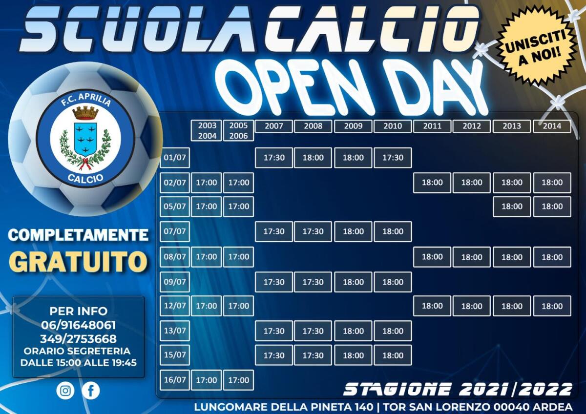 Dal 1° al 16 luglio Open Day gratuiti per tutte le categorie della scuola Calcio Aprilia. - 