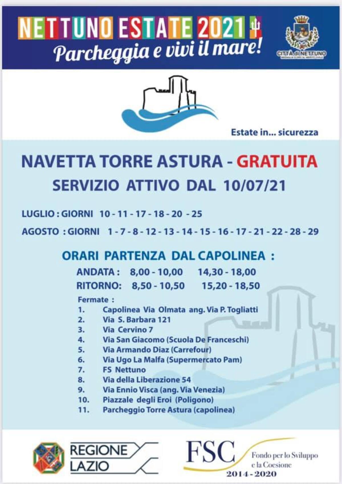 Attivi da questo fine settimana i servizi navetta gratuiti nel comune di Nettuno. Navetta anche per raggiungere Torre Astura. - 