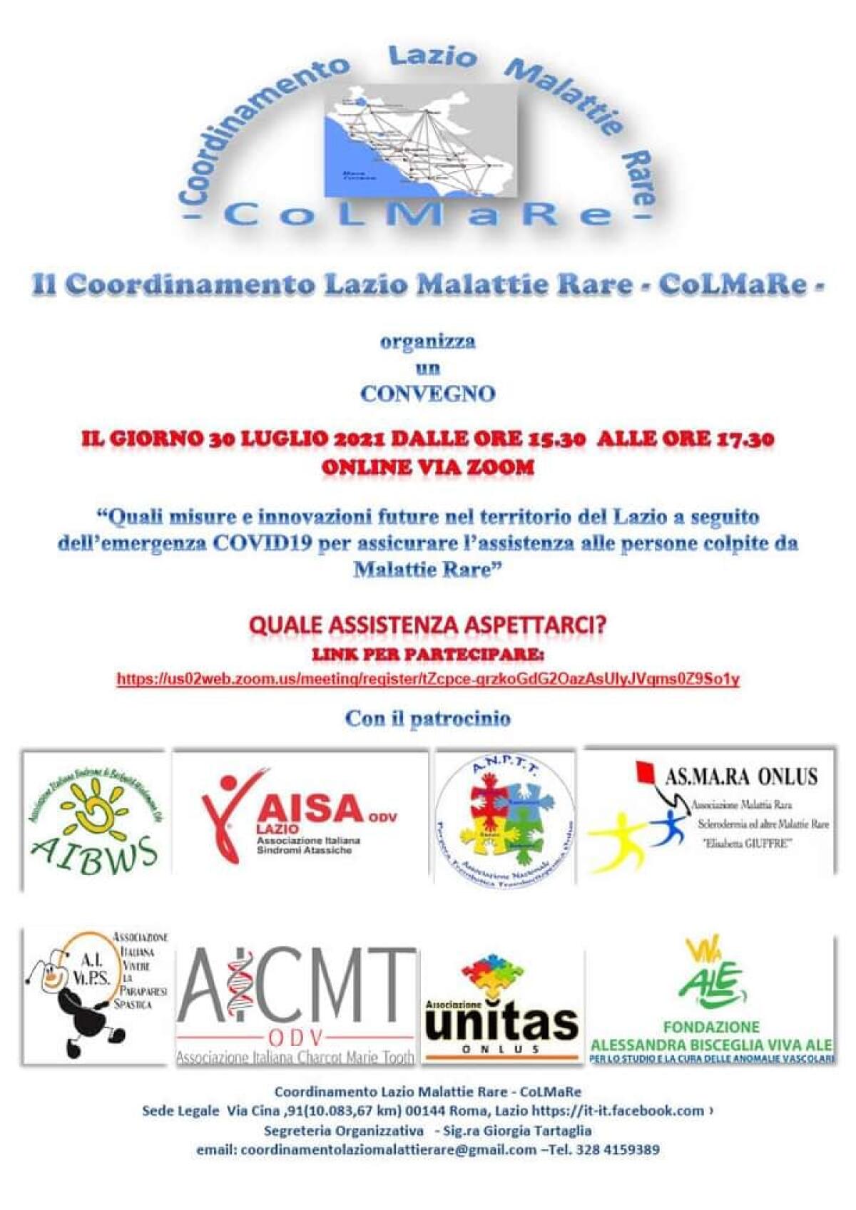 Assistenza durante la pandemia: venerdì 30 luglio il Convegno di “Colmare”, il Coordinamento Lazio Malattie Rare. - 