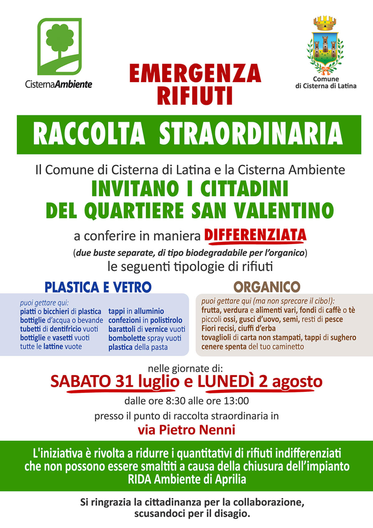 Emergenza rifiuti a Cisterna: raccolta differenziata straordinaria sabato e lunedì nel quartiere San Valentino - 