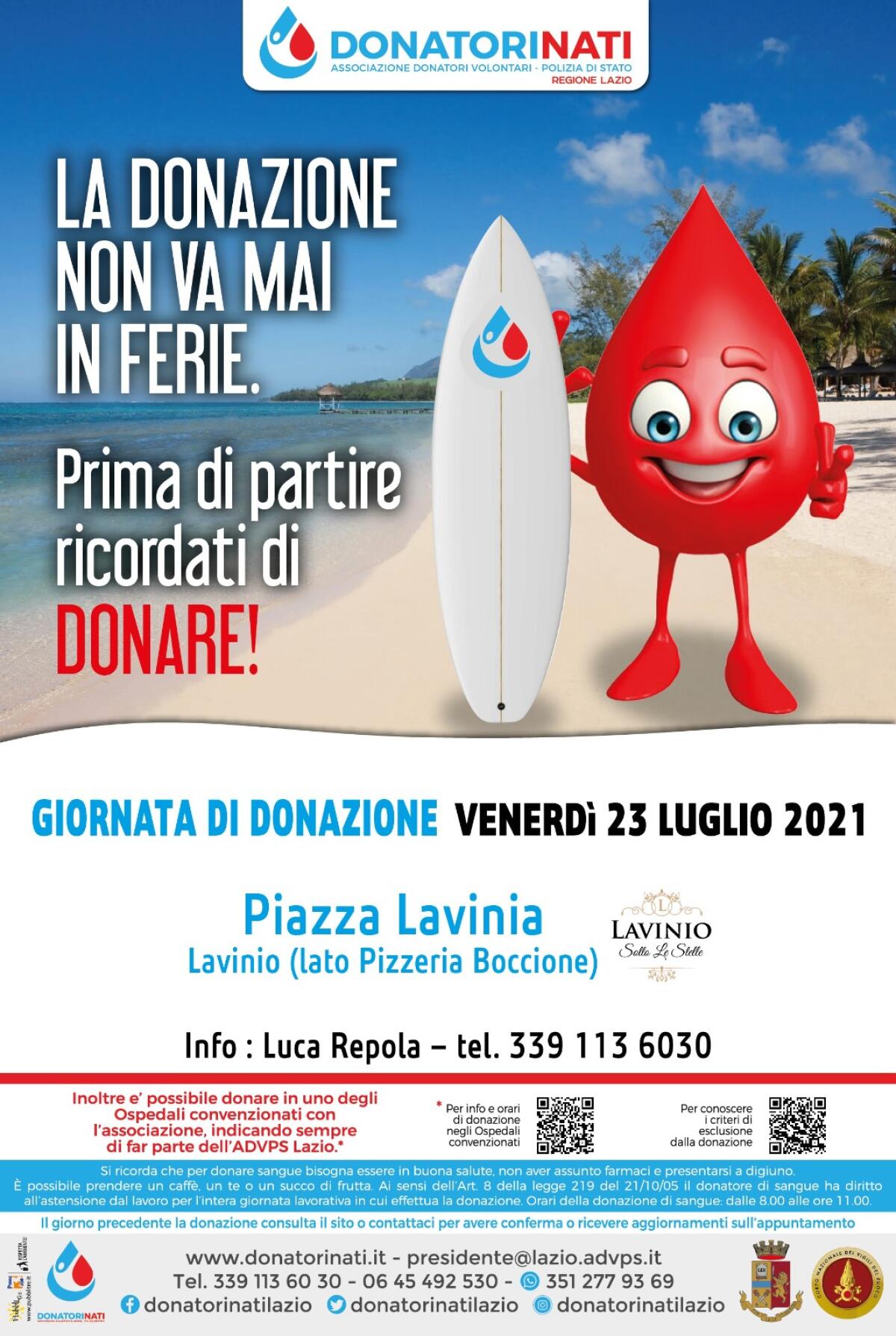 Venerdì 23 Luglio giornata di raccolta sangue a Lavinio Mare. - 