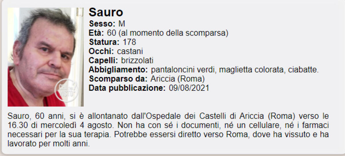 Si allontana dall'ospedale dei Castelli, Sauro Vitali scomparso da oltre 10 giorni: l'appello a "Chi l'ha visto?" - 