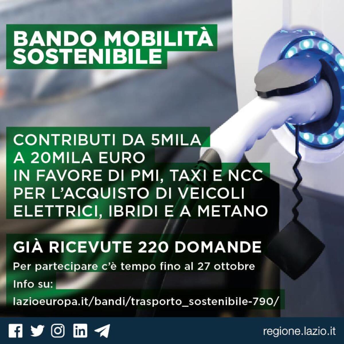 220 domande già presentate per il bando regionale del Lazio per incentivare la mobilità sostenibile. C’è tempo sino al 27 ottobre. - 