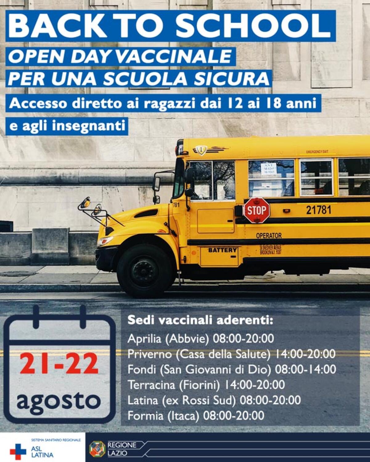 21 e 22 agosto: Open day vaccinazioni covid-19 per una scuola sicura ad Aprilia, Latina, Priverno, Terracina e in altri comuni - 