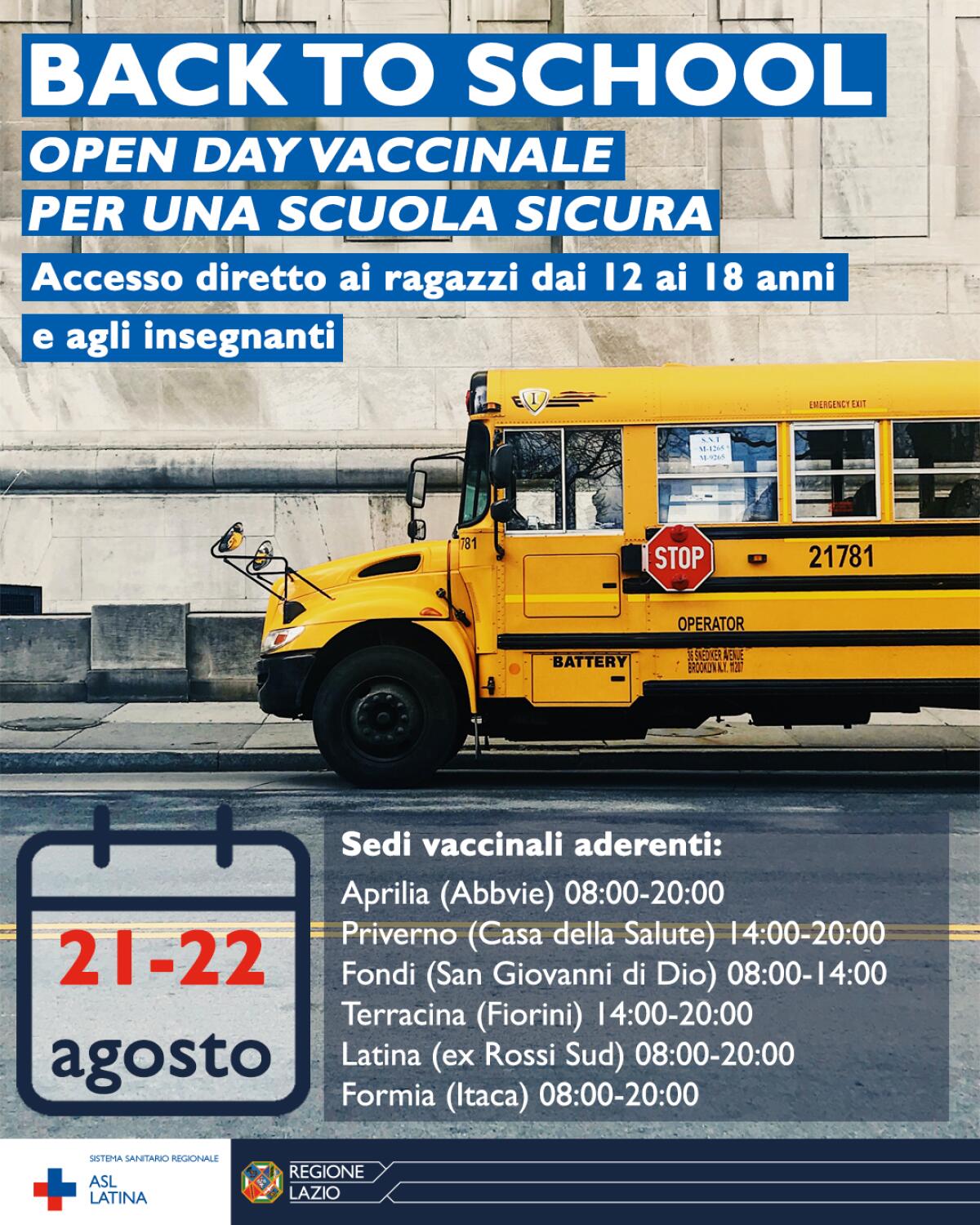 Sabato 21 e domenica 22 agosto negli hub vaccinali della Asl di Latina “Open Day” per una scuola sicura. - 