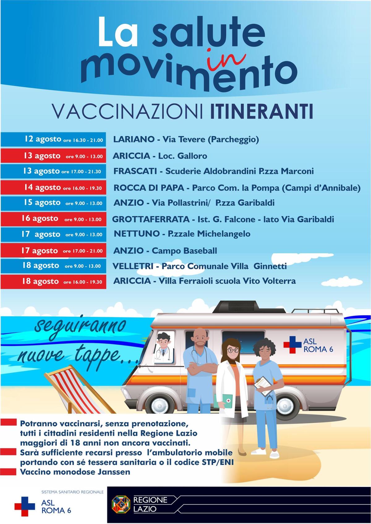 Vaccinazioni anti-Covid itineranti della Asl Roma6. Ecco dove sarà il camper nei prossimi giorni. - 