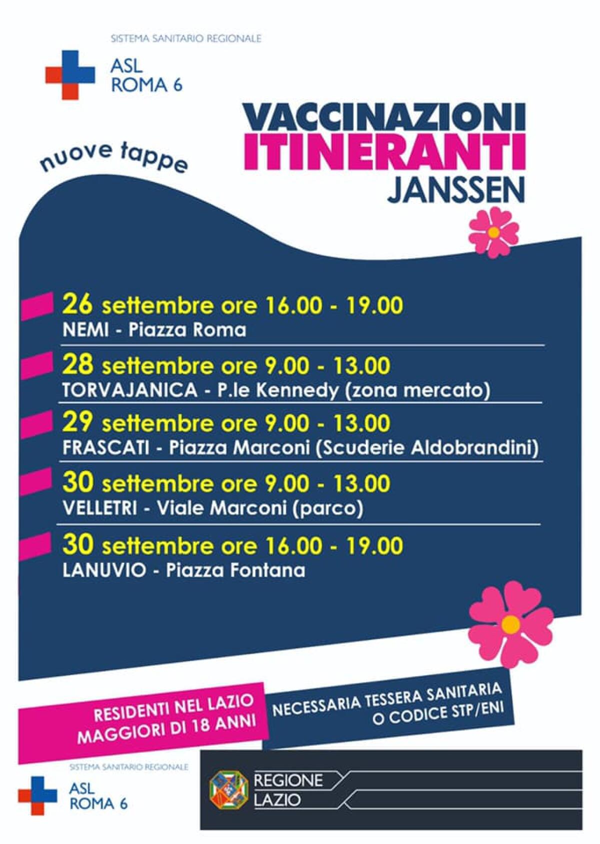 Campagna vaccinale itinerante della Asl Roma6. Ecco le nuove tappe del camper, dal 26 al 30 Settembre. - 