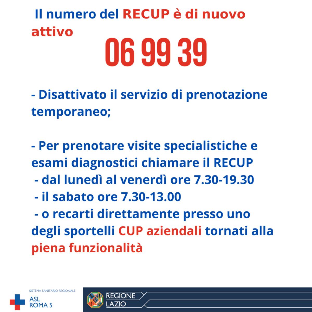 Da questo lunedì 6 settembre nel Lazio torna operativo il numero di telefono regionale Recup ed anche gli sportelli CUP aziendali. - 