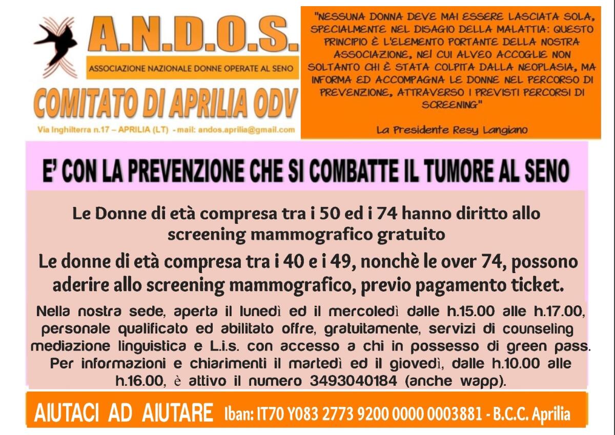 L’Andos di Aprilia: “E’ con la prevenzione che si combatte il tumore al seno”. - 