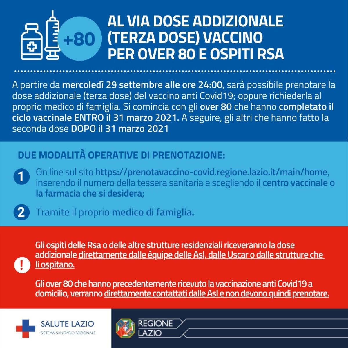 Da questo mercoledì nel Lazio al via le prenotazioni per la terza dose di vaccino per gli Over80 e gli ospiti delle RSA. - 