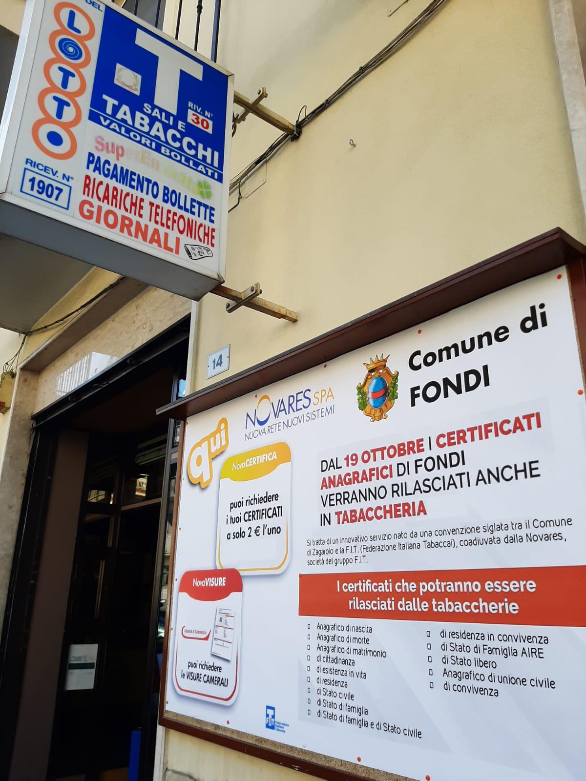 Da oggi a Fondi certificati anagrafici anche in tabaccheria - 