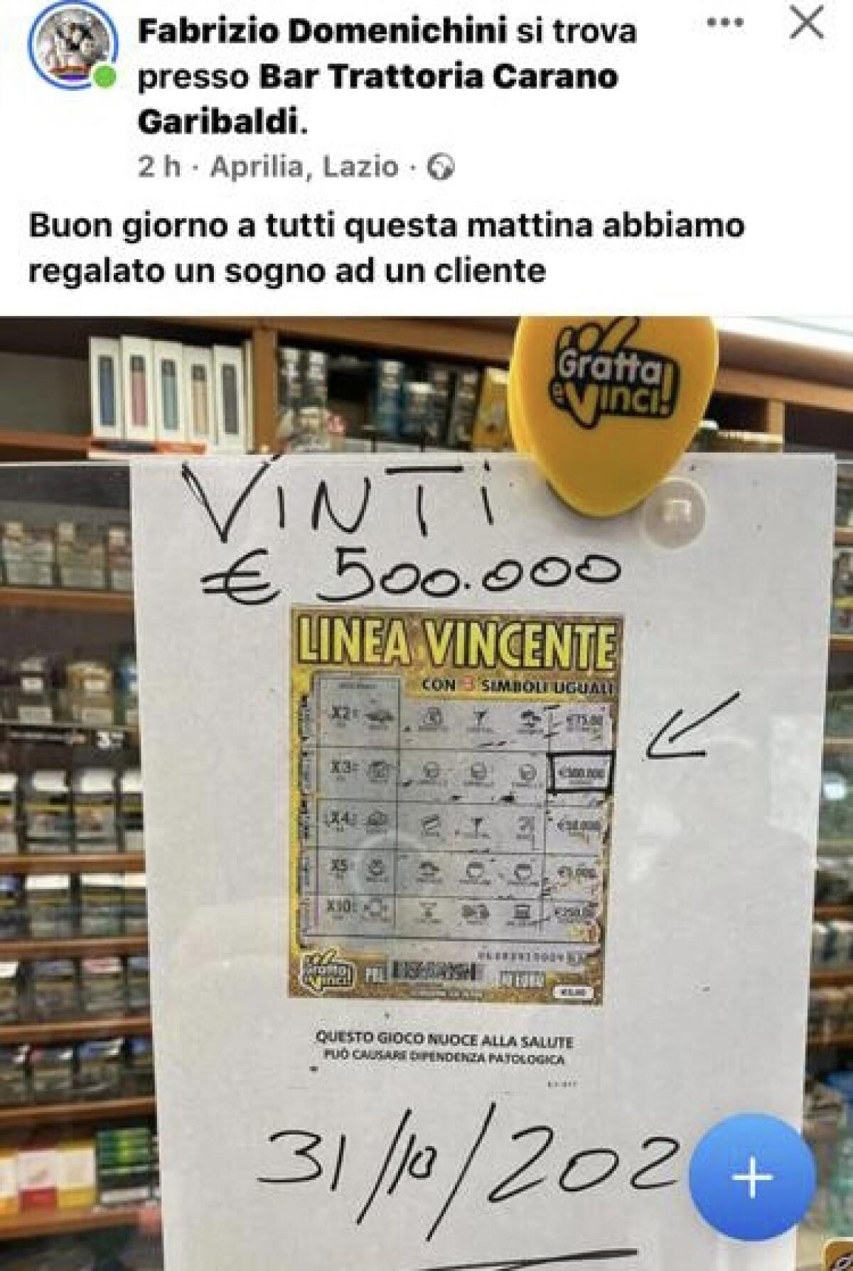 La fortuna bacia Aprilia: vinti 500 mila euro con un Gratta e Vinci - 