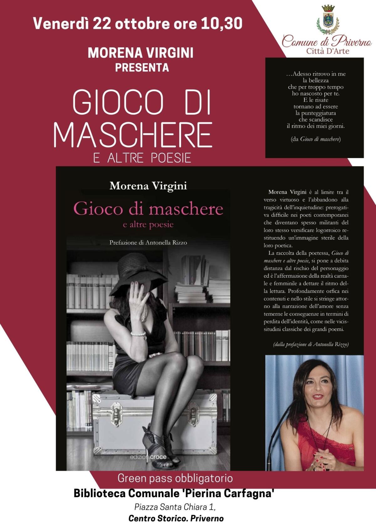 Venerdì 22 Ottobre a Priverno la presentazione del libro “Gioco di Maschere e altre poesie” di Morena Virgini. - 